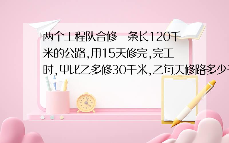 两个工程队合修一条长120千米的公路,用15天修完,完工时,甲比乙多修30千米,乙每天修路多少千米?(用方程解答