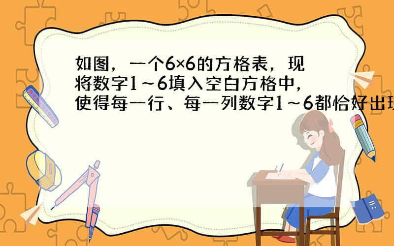 如图，一个6×6的方格表，现将数字1～6填入空白方格中，使得每一行、每一列数字1～6都恰好出现一次；图中已经填了一些数字