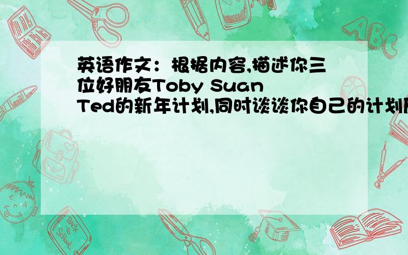 英语作文：根据内容,描述你三位好朋友Toby Suan Ted的新年计划,同时谈谈你自己的计划原因