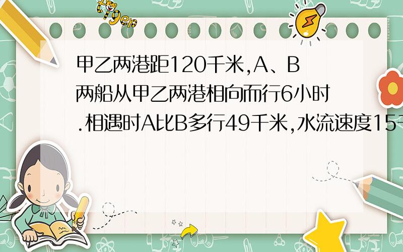 甲乙两港距120千米,A、B两船从甲乙两港相向而行6小时.相遇时A比B多行49千米,水流速度15千米/小时.