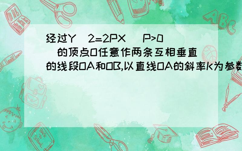 经过Y^2=2PX (P>0)的顶点O任意作两条互相垂直的线段OA和OB,以直线OA的斜率K为参数,求线段AB中点M的轨