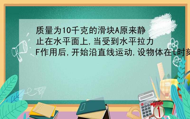 质量为10千克的滑块A原来静止在水平面上,当受到水平拉力F作用后,开始沿直线运动,设物体在t时刻的位移为X