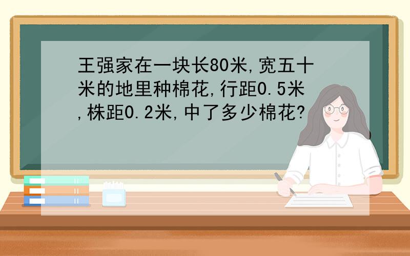 王强家在一块长80米,宽五十米的地里种棉花,行距0.5米,株距0.2米,中了多少棉花?