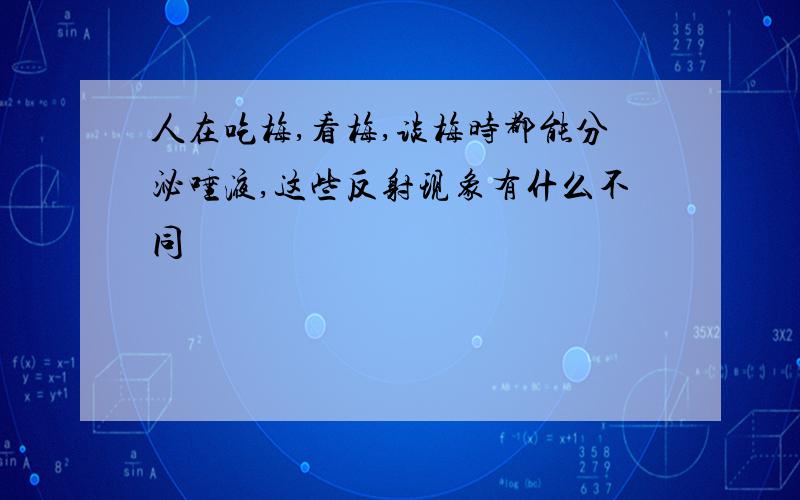 人在吃梅,看梅,谈梅时都能分泌唾液,这些反射现象有什么不同