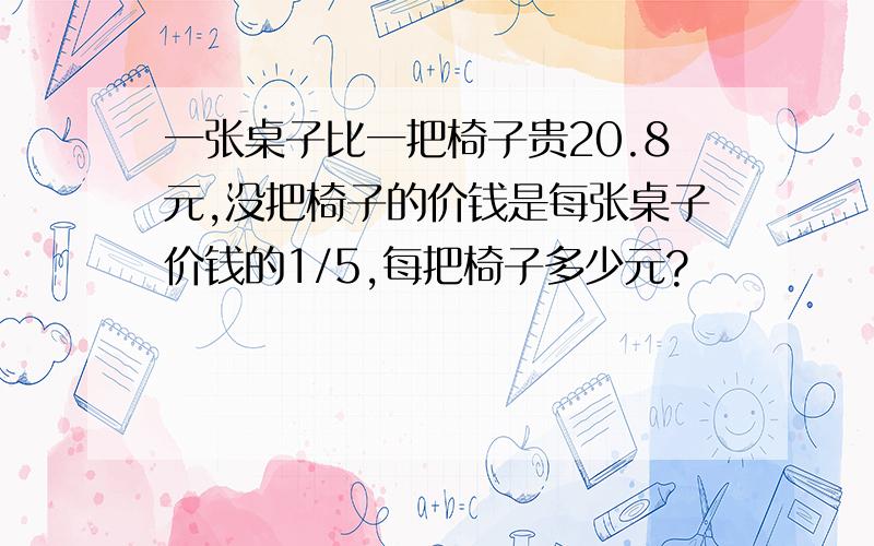 一张桌子比一把椅子贵20.8元,没把椅子的价钱是每张桌子价钱的1/5,每把椅子多少元?