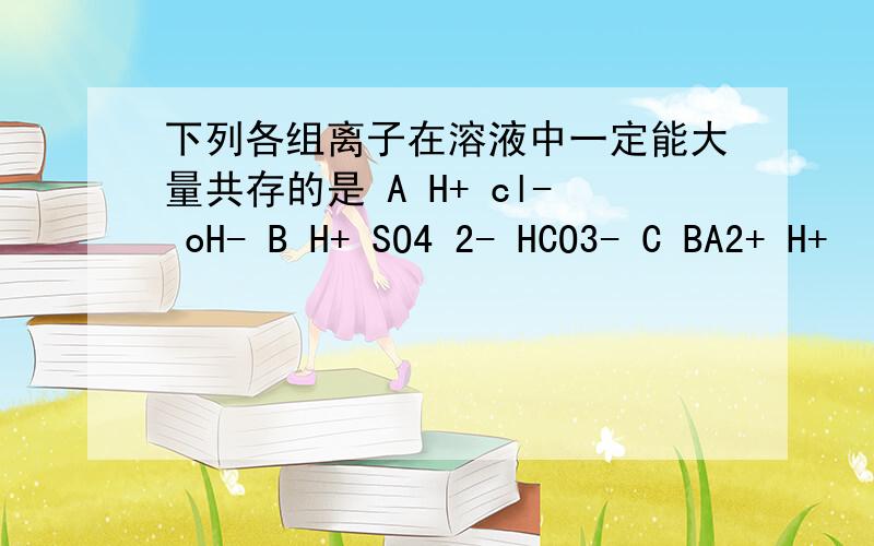 下列各组离子在溶液中一定能大量共存的是 A H+ cl- oH- B H+ SO4 2- HCO3- C BA2+ H+