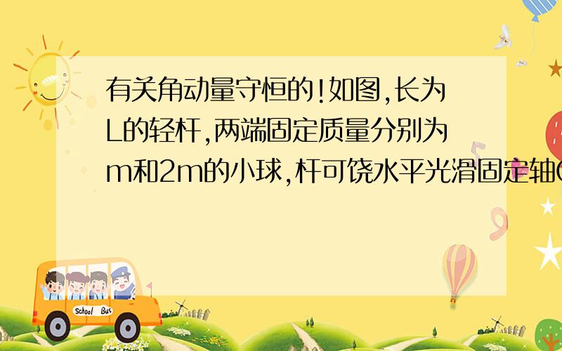 有关角动量守恒的!如图,长为L的轻杆,两端固定质量分别为m和2m的小球,杆可饶水平光滑固定轴O在竖直面内转动,转轴O两端