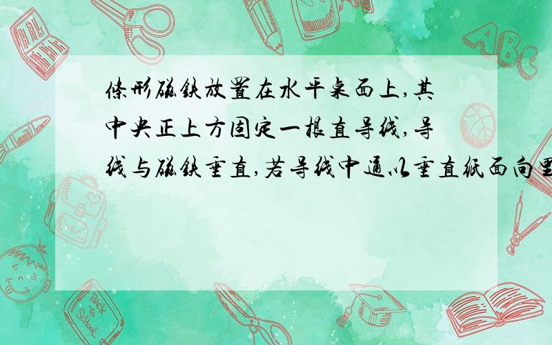 条形磁铁放置在水平桌面上,其中央正上方固定一根直导线,导线与磁铁垂直,若导线中通以垂直纸面向里的电流