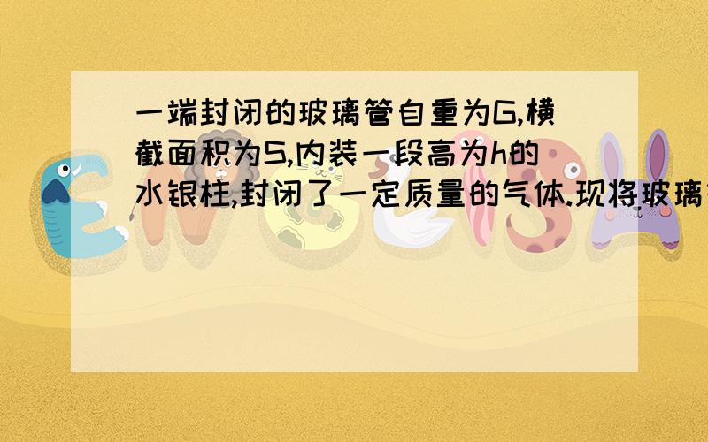 一端封闭的玻璃管自重为G,横截面积为S,内装一段高为h的水银柱,封闭了一定质量的气体.现将玻璃管封闭端用弹簧测力计悬起,