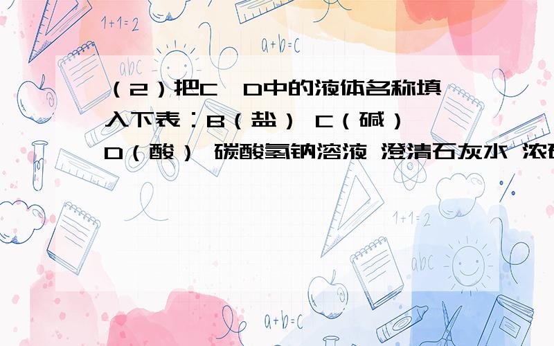 （2）把C、D中的液体名称填入下表：B（盐） C（碱） D（酸） 碳酸氢钠溶液 澄清石灰水 浓硫酸 （3）B中反