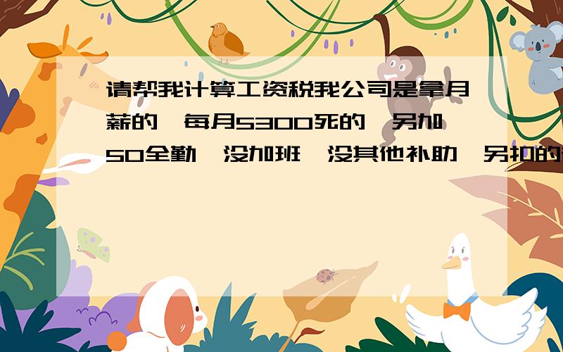 请帮我计算工资税我公司是拿月薪的,每月5300死的,另加50全勤,没加班,没其他补助,另扣的部分为住公司宿舍水电自己给约