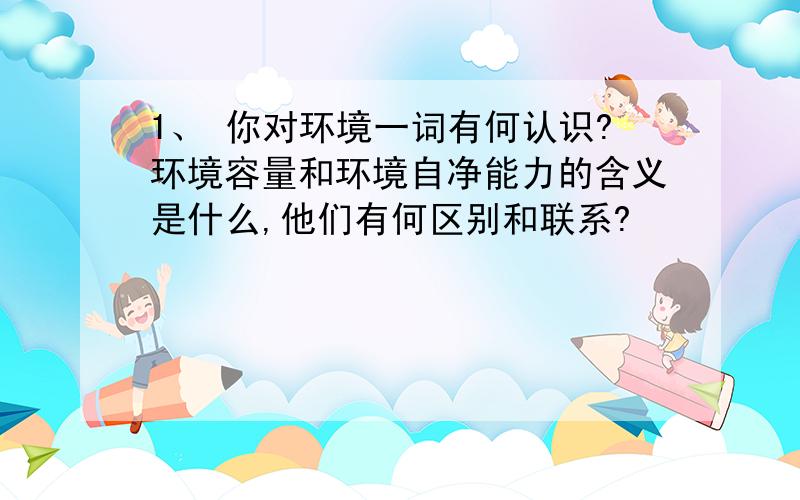 1、 你对环境一词有何认识?环境容量和环境自净能力的含义是什么,他们有何区别和联系?