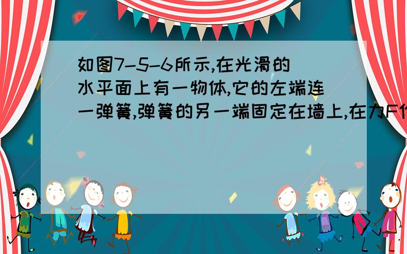 如图7-5-6所示,在光滑的水平面上有一物体,它的左端连一弹簧,弹簧的另一端固定在墙上,在力F作用下物体处于静止状态,当