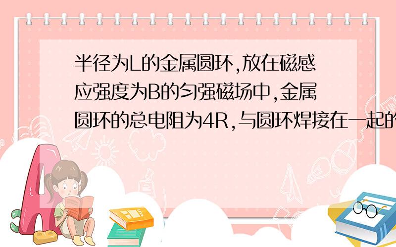 半径为L的金属圆环,放在磁感应强度为B的匀强磁场中,金属圆环的总电阻为4R,与圆环焊接在一起的绝缘导...