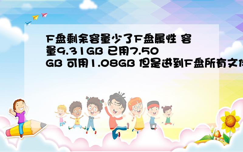 F盘剩余容量少了F盘属性 容量9.31GB 已用7.50GB 可用1.08GB 但是进到F盘所有文件大小一共为4.38G