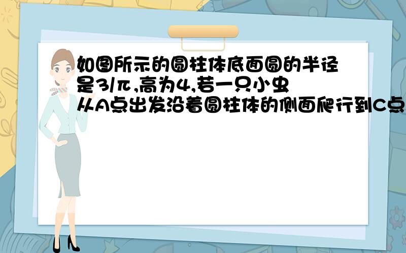 如图所示的圆柱体底面圆的半径是3/π,高为4,若一只小虫从A点出发沿着圆柱体的侧面爬行到C点,则小虫爬行的