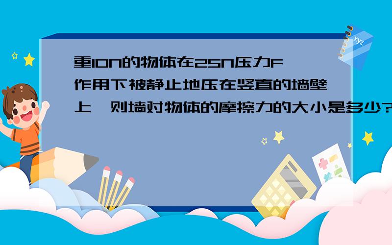 重10N的物体在25N压力F作用下被静止地压在竖直的墙壁上,则墙对物体的摩擦力的大小是多少?