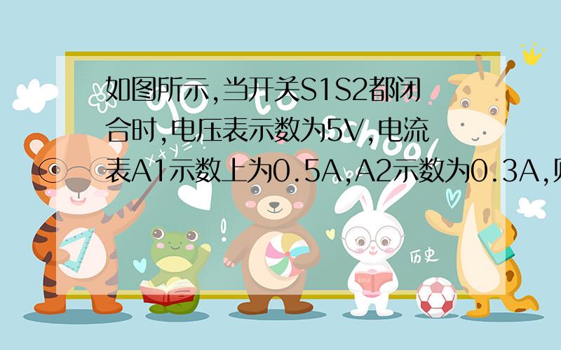 如图所示,当开关S1S2都闭合时,电压表示数为5V,电流表A1示数上为0.5A,A2示数为0.3A,则通过L1的电流为多