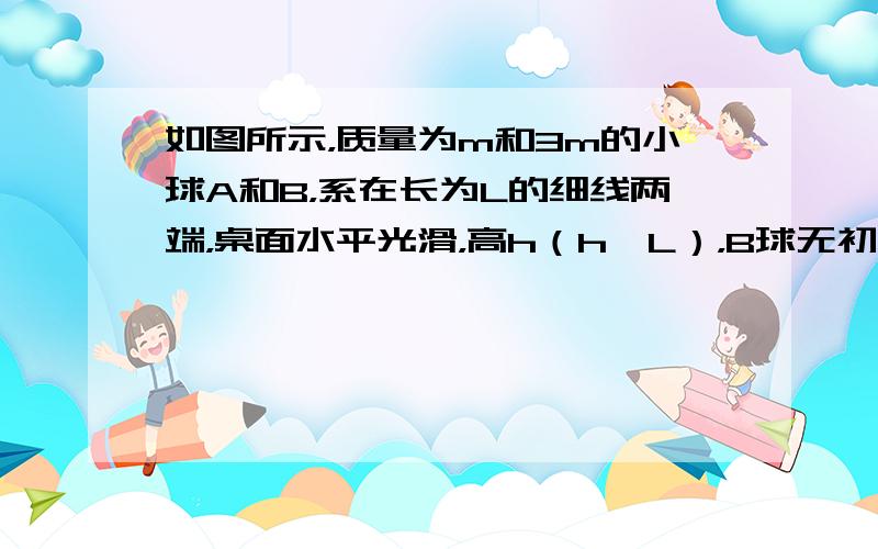 如图所示，质量为m和3m的小球A和B，系在长为L的细线两端，桌面水平光滑，高h（h＜L），B球无初速度从桌边滑下，落在沙