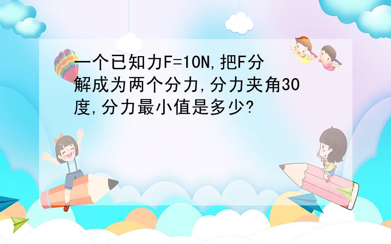 一个已知力F=10N,把F分解成为两个分力,分力夹角30度,分力最小值是多少?