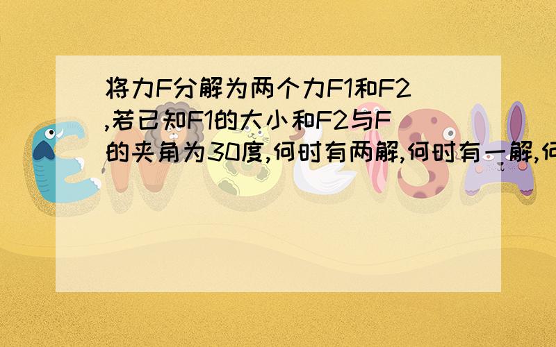 将力F分解为两个力F1和F2,若已知F1的大小和F2与F的夹角为30度,何时有两解,何时有一解,何时无解