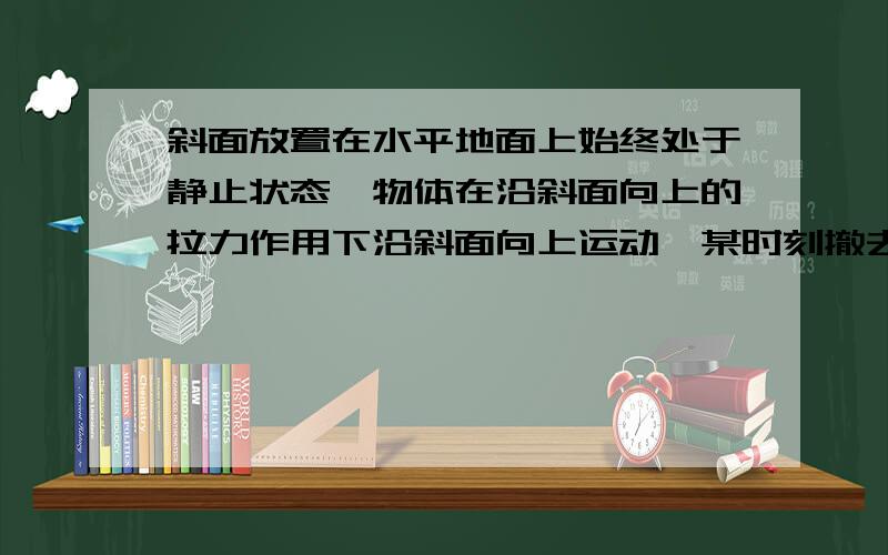 斜面放置在水平地面上始终处于静止状态,物体在沿斜面向上的拉力作用下沿斜面向上运动,某时刻撤去拉力F,那么物体在撤去拉力后