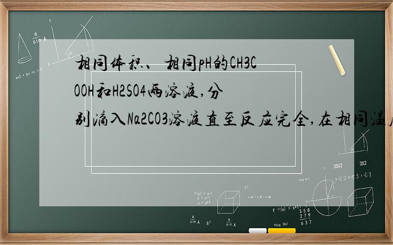 相同体积、相同pH的CH3COOH和H2SO4两溶液,分别滴入Na2CO3溶液直至反应完全,在相同温度和压强下,放出二氧