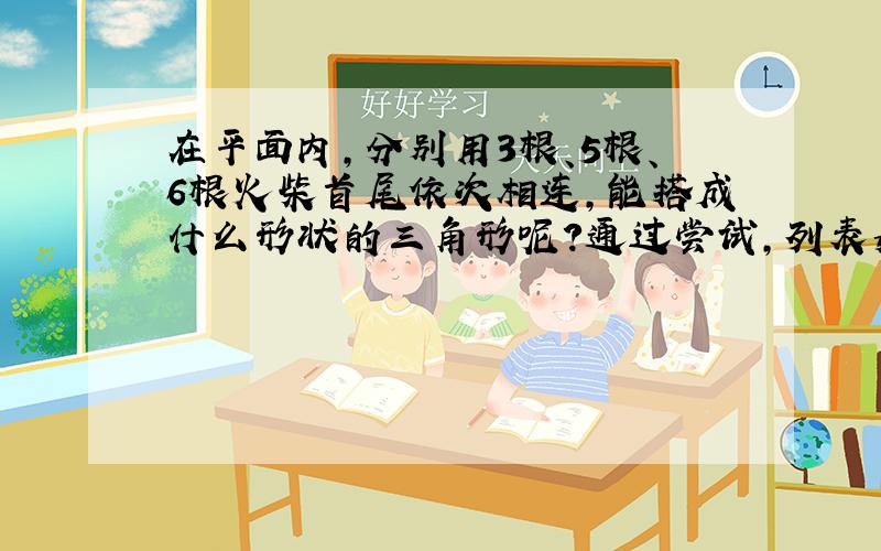 在平面内,分别用3根、5根、6根火柴首尾依次相连,能搭成什么形状的三角形呢?通过尝试,列表如下：