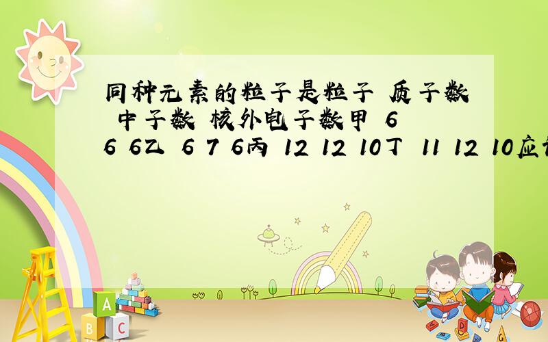 同种元素的粒子是粒子 质子数 中子数 核外电子数甲 6 6 6乙 6 7 6丙 12 12 10丁 11 12 10应该