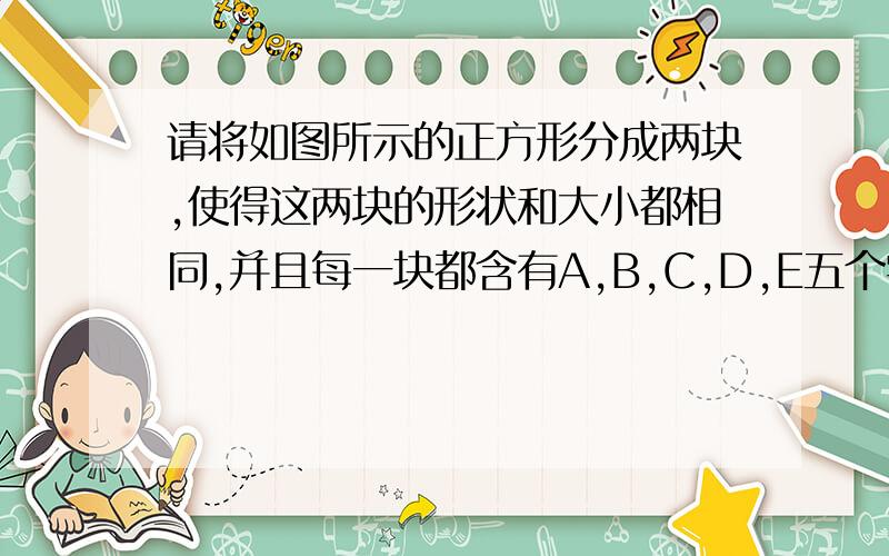 请将如图所示的正方形分成两块,使得这两块的形状和大小都相同,并且每一块都含有A,B,C,D,E五个字母.