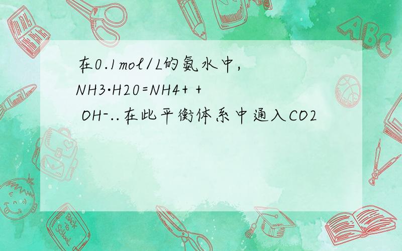 在0.1mol/L的氨水中,NH3·H20=NH4+ + OH-..在此平衡体系中通入CO2