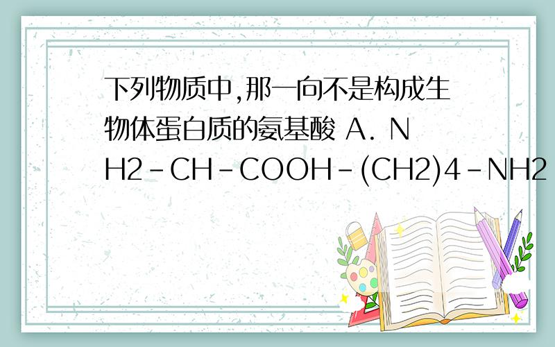 下列物质中,那一向不是构成生物体蛋白质的氨基酸 A. NH2-CH-COOH-(CH2)4-NH2 B.NH2-CH2-