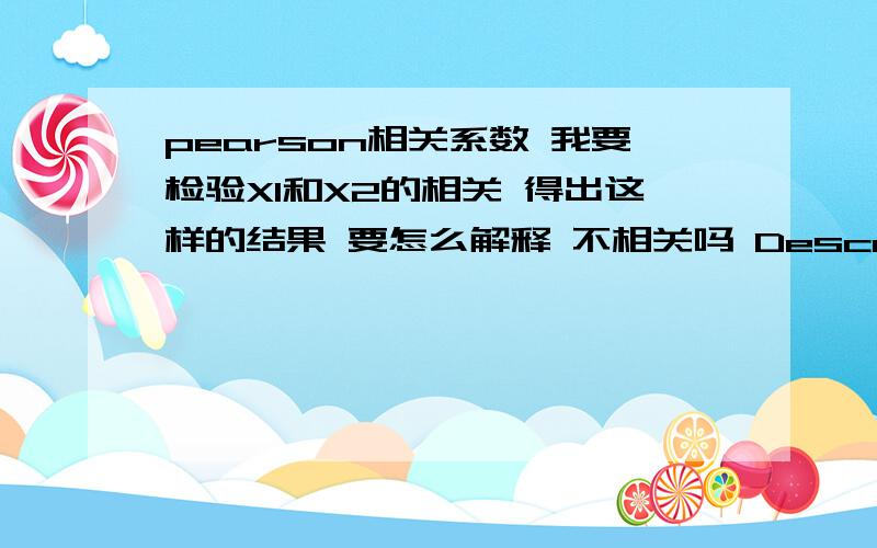 pearson相关系数 我要检验X1和X2的相关 得出这样的结果 要怎么解释 不相关吗 Descriptive Stat