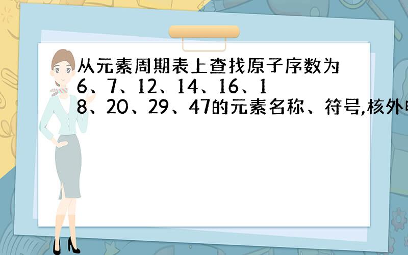 从元素周期表上查找原子序数为6、7、12、14、16、18、20、29、47的元素名称、符号,核外电子数和相对原子质量,