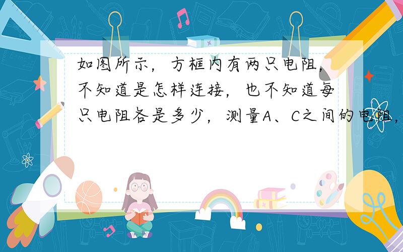 如图所示，方框内有两只电阻，不知道是怎样连接，也不知道每只电阻各是多少，测量A、C之间的电阻，测得值是10Ω；用导线将B