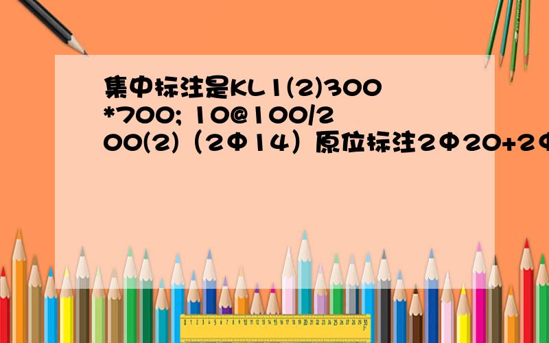 集中标注是KL1(2)300*700; 10@100/200(2)（2Φ14）原位标注2Φ20+2Φ16 怎么理解2Φ2