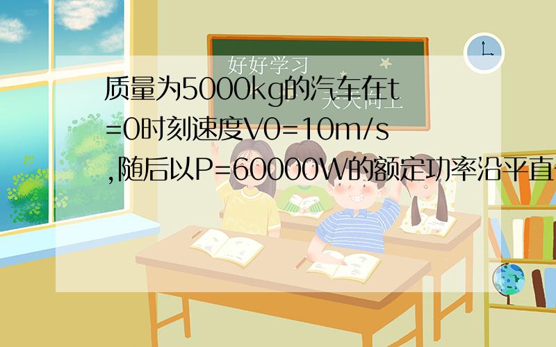 质量为5000kg的汽车在t=0时刻速度V0=10m/s,随后以P=60000W的额定功率沿平直公路继