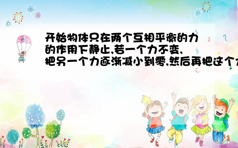 开始物体只在两个互相平衡的力的作用下静止,若一个力不变,把另一个力逐渐减小到零,然后再把这个力逐渐