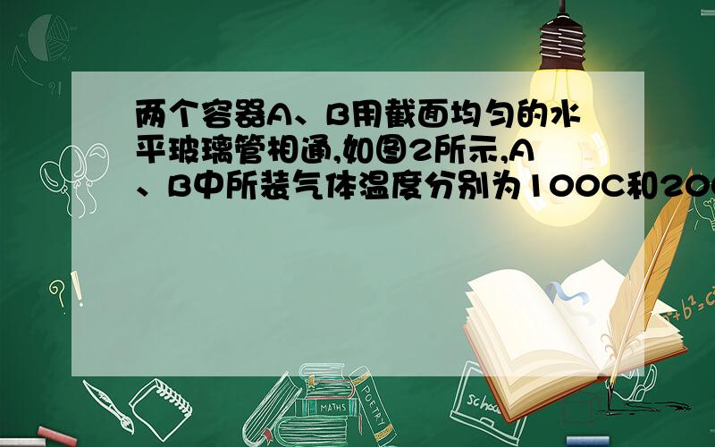 两个容器A、B用截面均匀的水平玻璃管相通,如图2所示,A、B中所装气体温度分别为100C和200C,水银柱在管中央平衡,