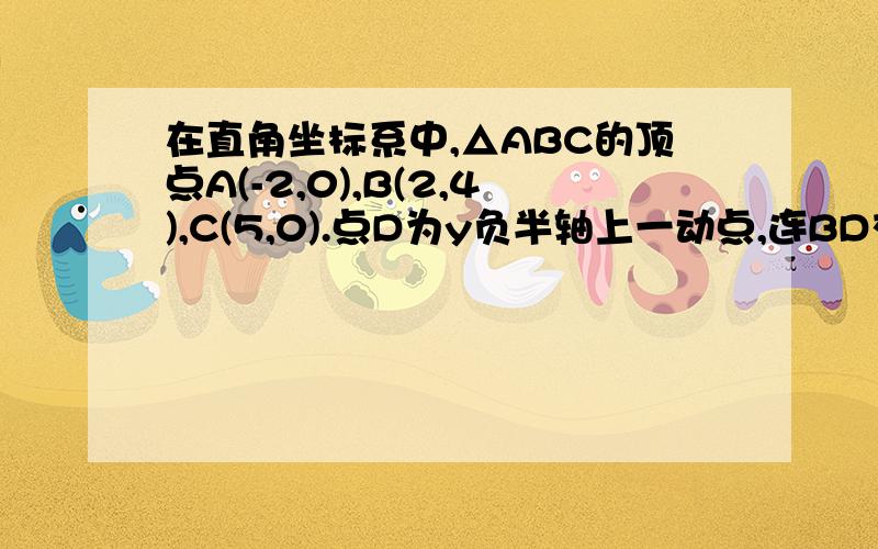 在直角坐标系中,△ABC的顶点A(-2,0),B(2,4),C(5,0).点D为y负半轴上一动点,连BD交