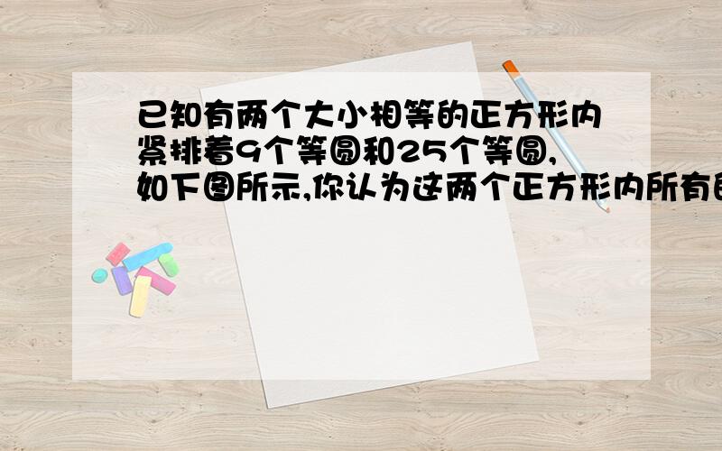 已知有两个大小相等的正方形内紧排着9个等圆和25个等圆,如下图所示,你认为这两个正方形内所有的圆所占面积大小相等吗?