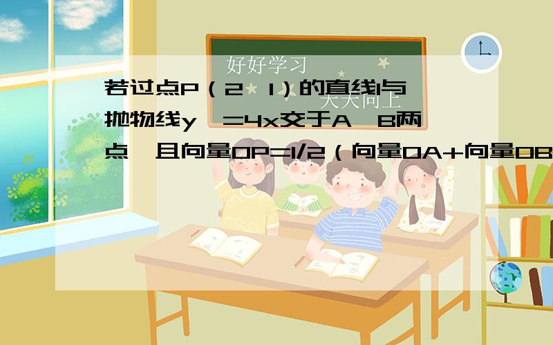 若过点P（2,1）的直线l与抛物线y^=4x交于A,B两点,且向量OP=1/2（向量OA+向量OB),则直线l的方程为