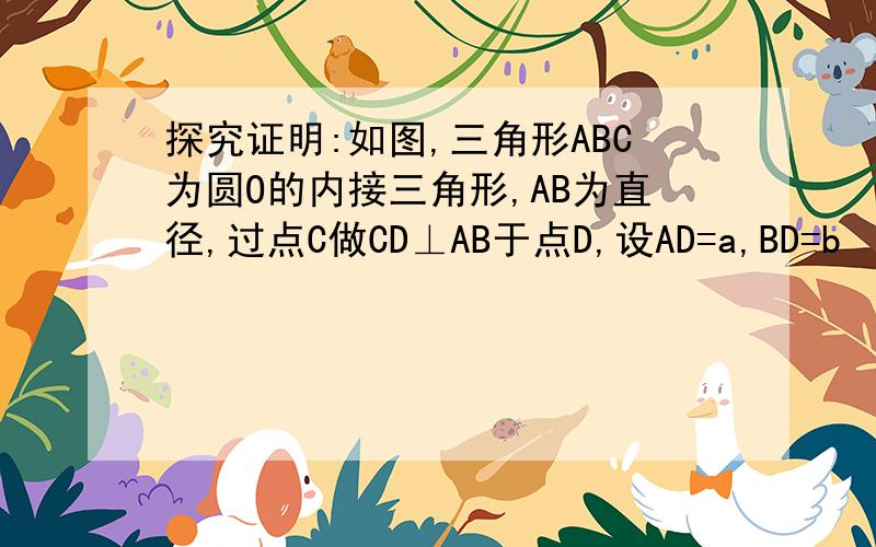 探究证明:如图,三角形ABC为圆O的内接三角形,AB为直径,过点C做CD⊥AB于点D,设AD=a,BD=b