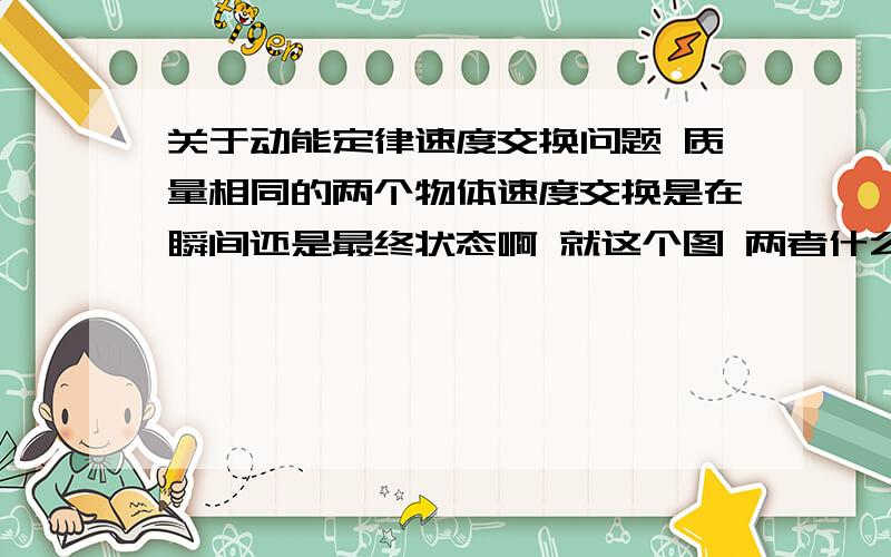 关于动能定律速度交换问题 质量相同的两个物体速度交换是在瞬间还是最终状态啊 就这个图 两者什么时