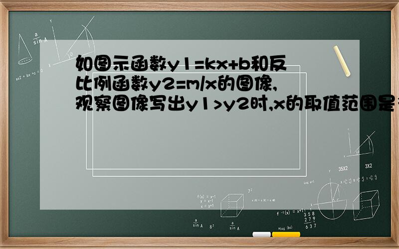 如图示函数y1=kx+b和反比例函数y2=m/x的图像,观察图像写出y1>y2时,x的取值范围是多少?