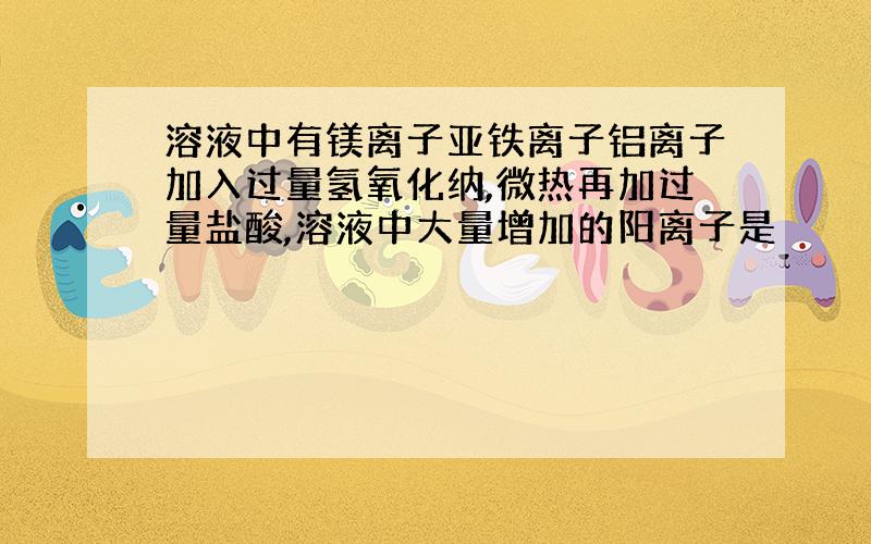 溶液中有镁离子亚铁离子铝离子加入过量氢氧化纳,微热再加过量盐酸,溶液中大量增加的阳离子是