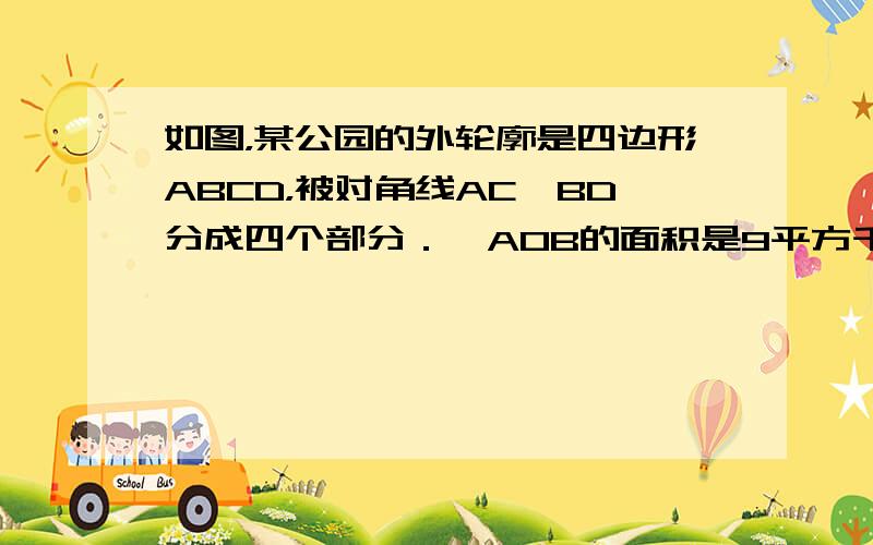 如图，某公园的外轮廓是四边形ABCD，被对角线AC、BD分成四个部分．△AOB的面积是9平方千米，△COD的面积是16平