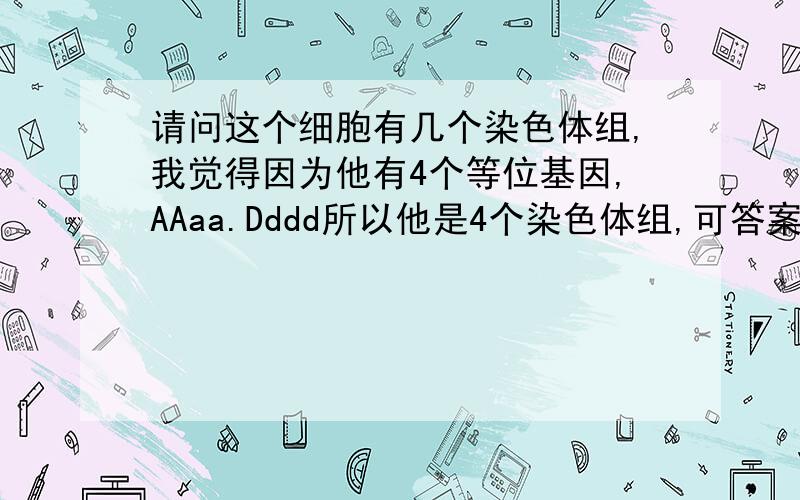 请问这个细胞有几个染色体组,我觉得因为他有4个等位基因,AAaa.Dddd所以他是4个染色体组,可答案为什么是2个?