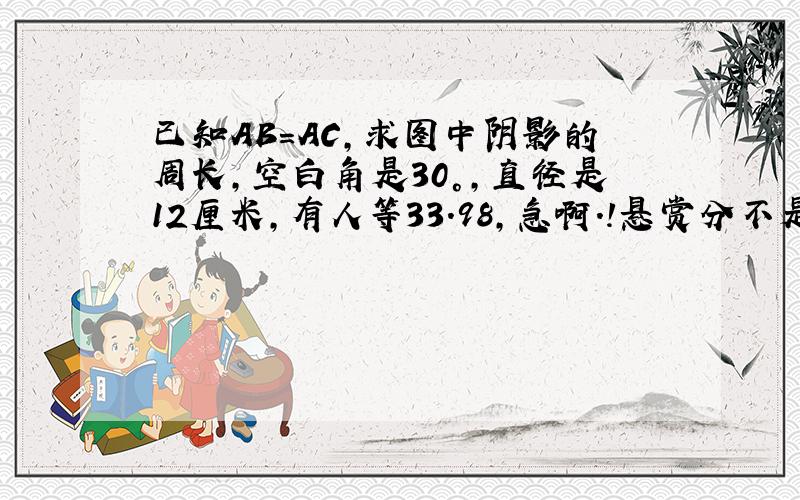 已知AB=AC,求图中阴影的周长,空白角是30°,直径是12厘米,有人等33.98,急啊.!悬赏分不是不给,是没有啊,求