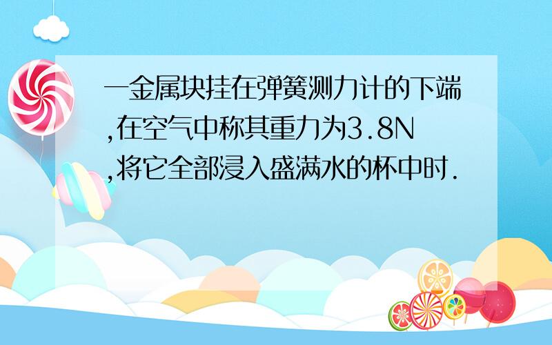 一金属块挂在弹簧测力计的下端,在空气中称其重力为3.8N,将它全部浸入盛满水的杯中时.